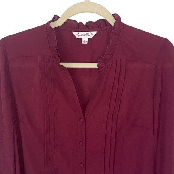Nanette Lepore Womens Pleated Button Front Long Sleeve Blouse Burgundy Small NWT - Picture 2 of 7